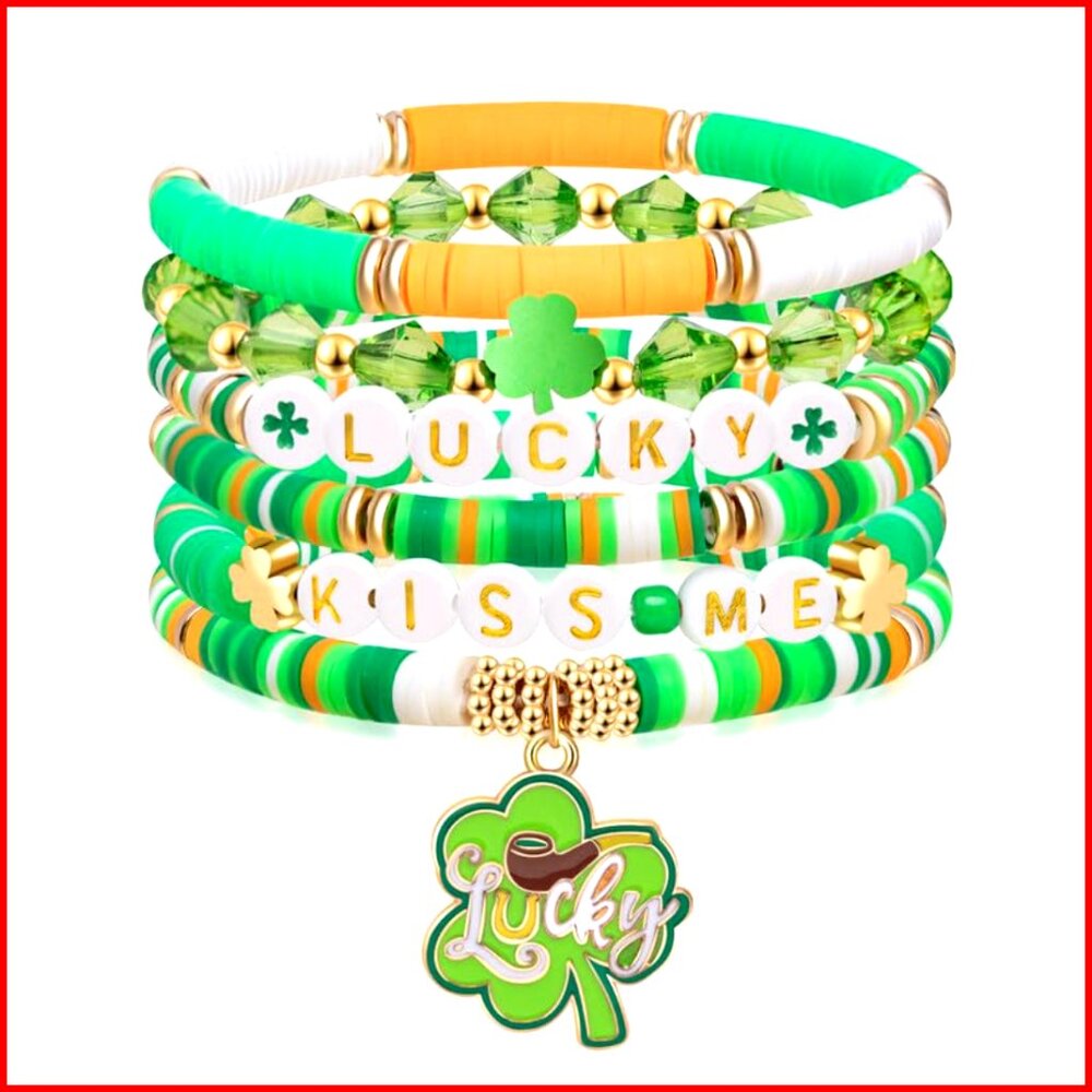 Stretch Shamrock Charm Bracelet with Glass Beads for St Patrick's Day